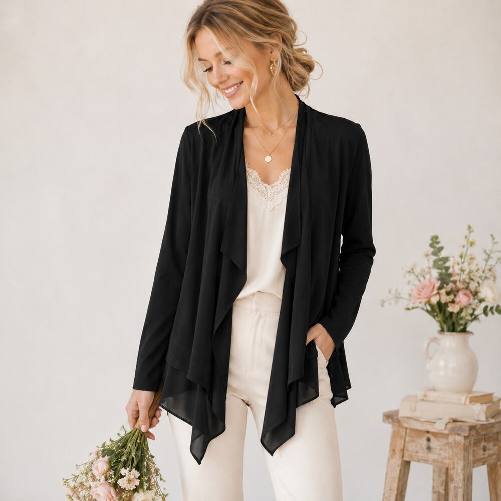 Susan Graver Liquid Knit Cardigan Women's Size L Sheer Layer Detail Black Office